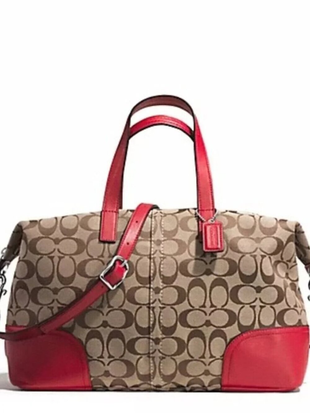 Euc Coach Hadley Signature Khaki & Red Shoulder Bag Purse